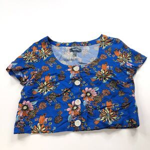 ModCloth Large Linen Blend Floral Button Top Cropped Blouse Blue MINT